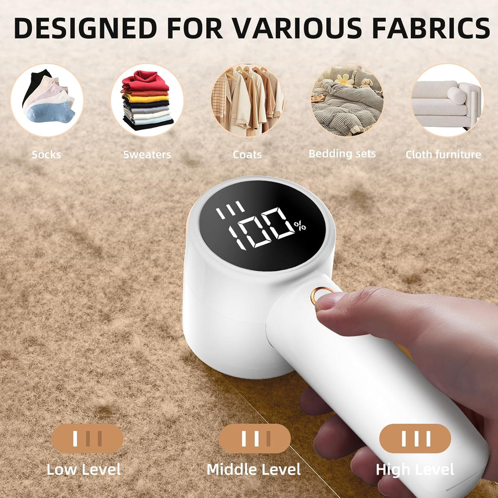 Fabric Shaver, Lint Remover Rechargeable, Electric Portable Sweater Defuzzer with 3 Speeds, 6 Leaf Blades, Digital