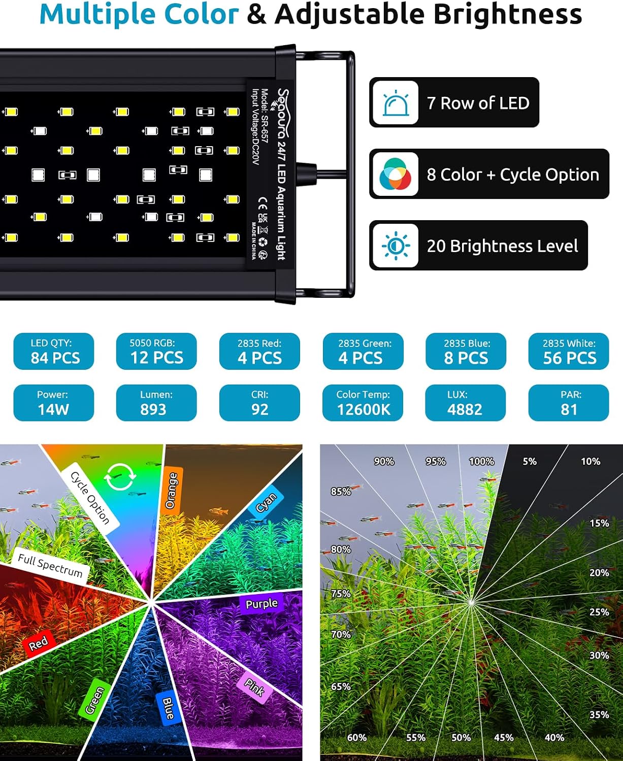 Full Spectrum Aquarium Light with 24/7 Timer for 12-18in Fish Tank | high PAR LEDs for plant growth, 3 timers +