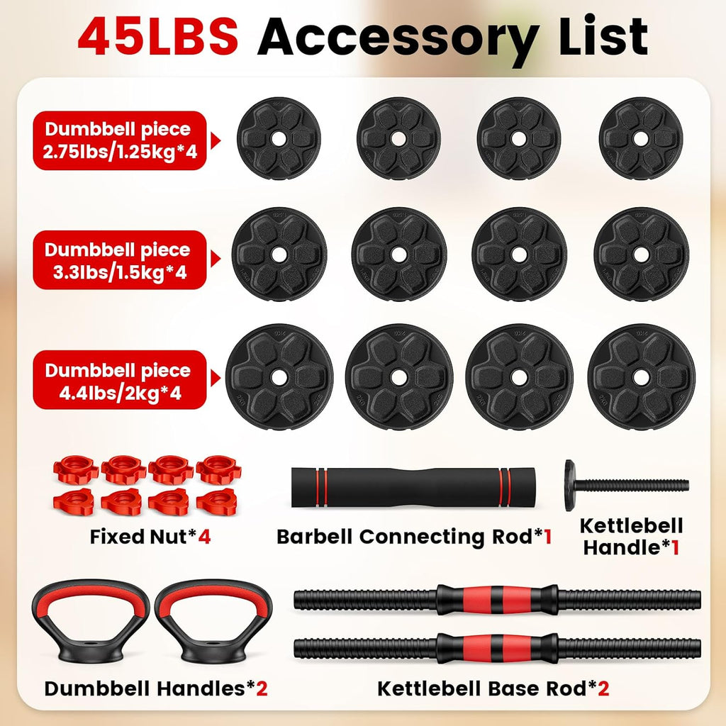 Adjustable Dumbbell Set, 20/33/45/70/90lbs Free Weight Set with Connector, 4 in1 Dumbbells Set Used as Barbell