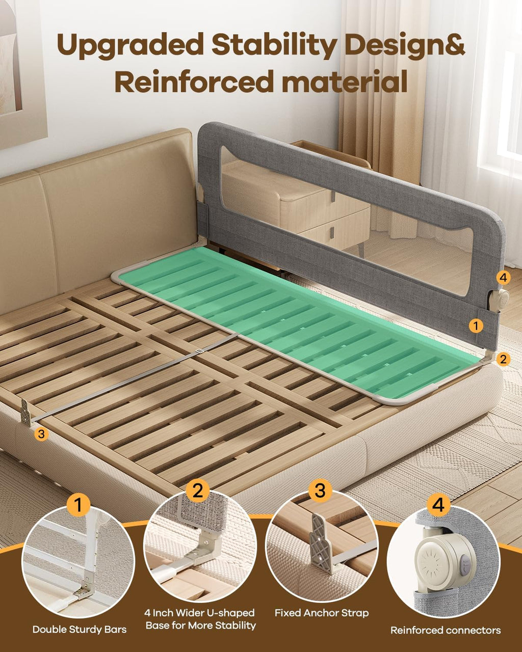Foldable Bed Rail for Toddlers, 71in Reinforced Carbon Steel Frame&Connectors, Breathable Cationic Fabric - Safety