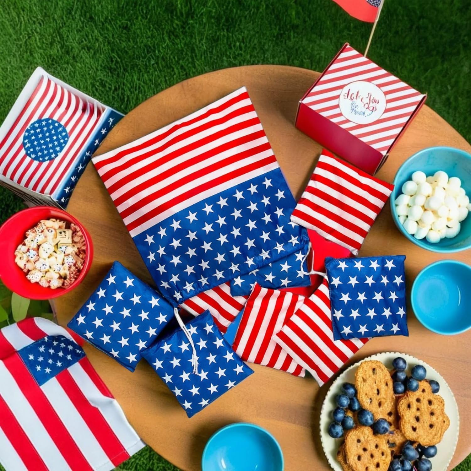 Patriotic Cornhole Stars & Stripes Bean Bags with Drawstring Bag - 6" Bean Bags with 12" Drawstring Bag (Set of 9)