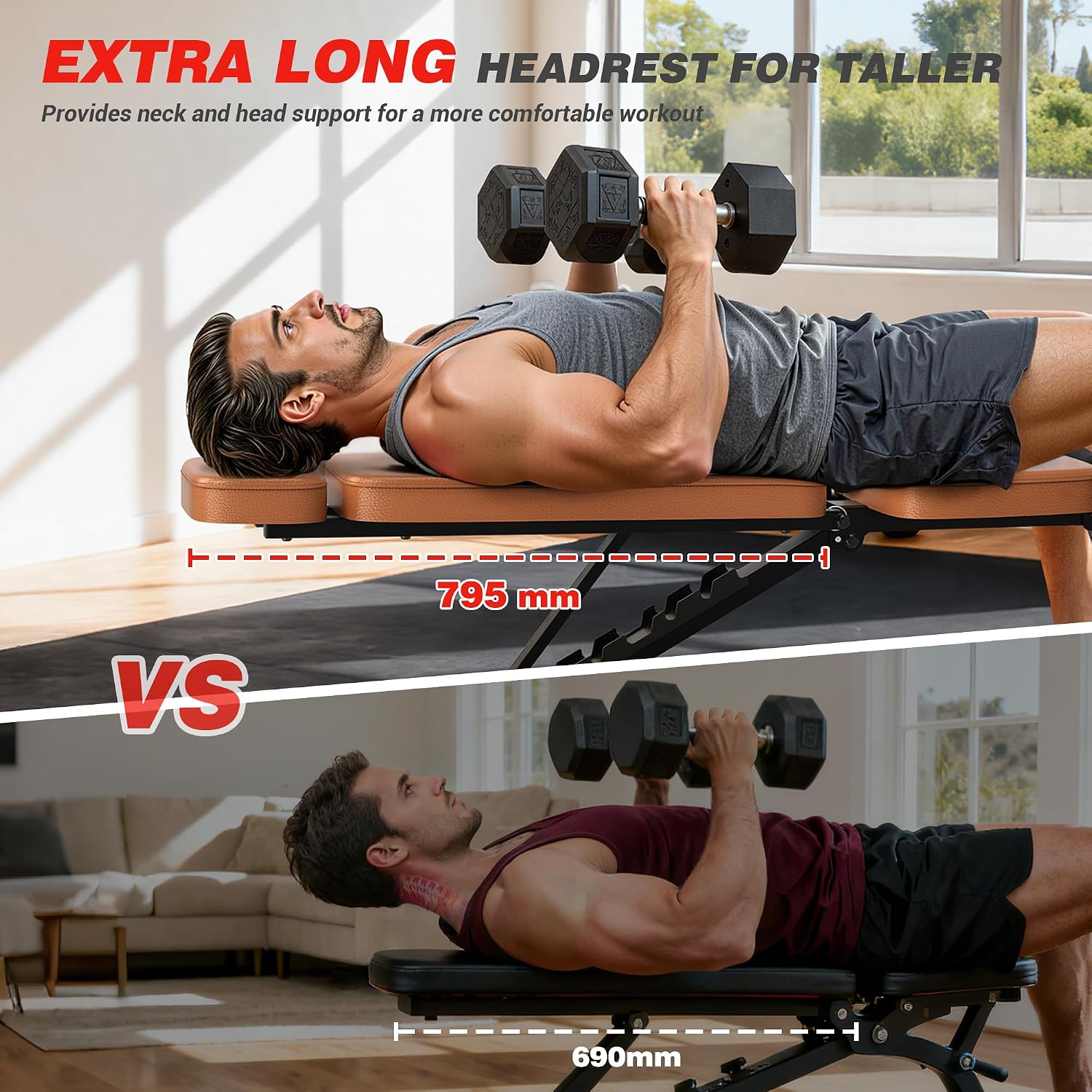 Workout Bench, 10 Backrests Adjustable Weight Bench with Extended Headrest, 800LBS Foldable Weight Bench for Home