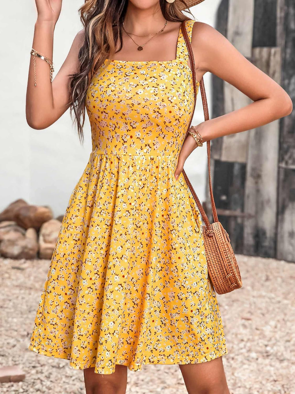 Women's Summer Casual Square Neck Dress with Pocket Cute Short Dress