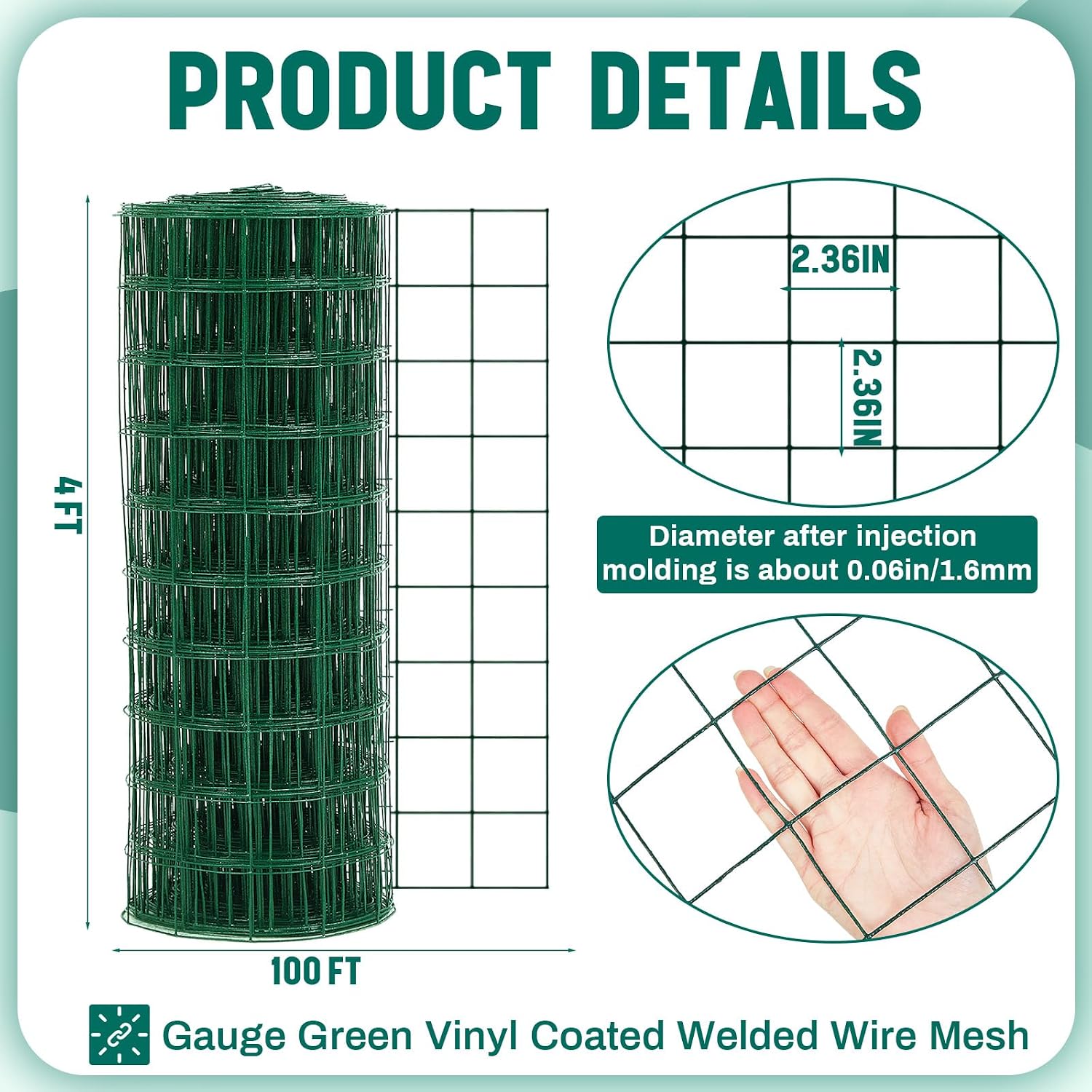Green Welded Wire Fence 4 ft X 100 ft, 2.36" Mesh Fencing