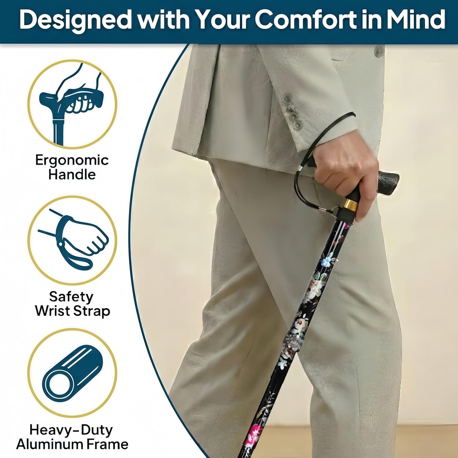 Walking Cane with LED Light, Foldable,Adjustable, Self Standing Walking Canes for Men & Women,Walking Sticks with