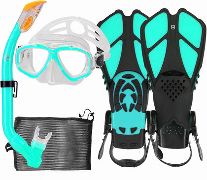 Kids Mask Fins Snorkel Set Snorkeling Packages, with Diving Mask, Snorkel, Adjustable Swim Fins, Mesh Bag, Anti-Fog