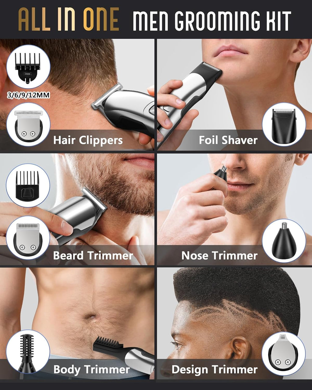 Beard Trimmer for Men, Waterproof Electric Razor for Nose, Body, Face & Mustache, Cordless Hair Clippers Shavers
