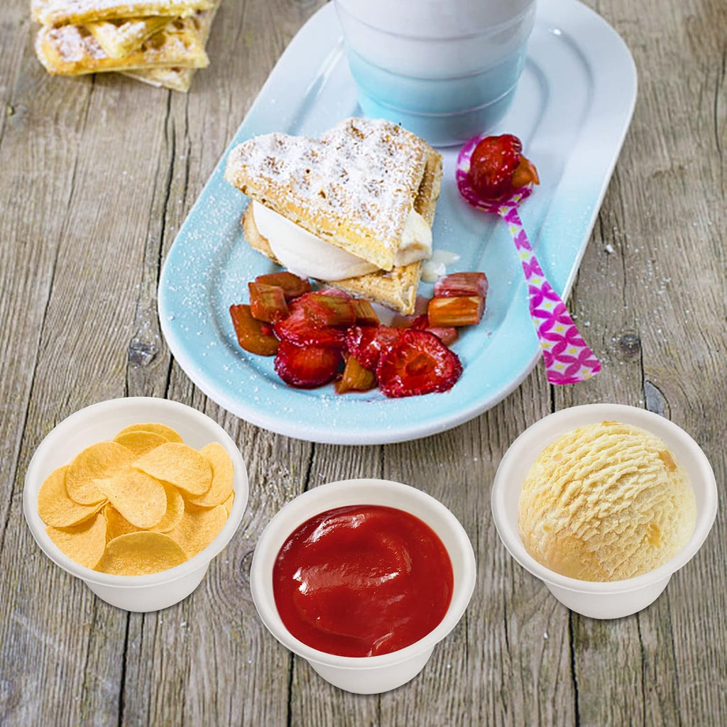 100 Pack Disposable Cups with Lids, 4.5Oz Bagasse Compostable Ice Cream Cup, Small Condiment Portion Sample Container