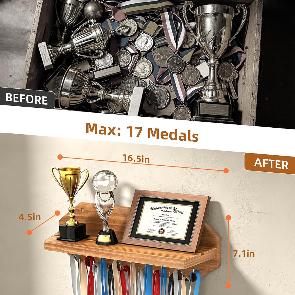 Medal Hanger Display - Wooden Trophy and Medal Display Shelf | Natural Solid Wood, Thickened Board, Anti-Slip Groove