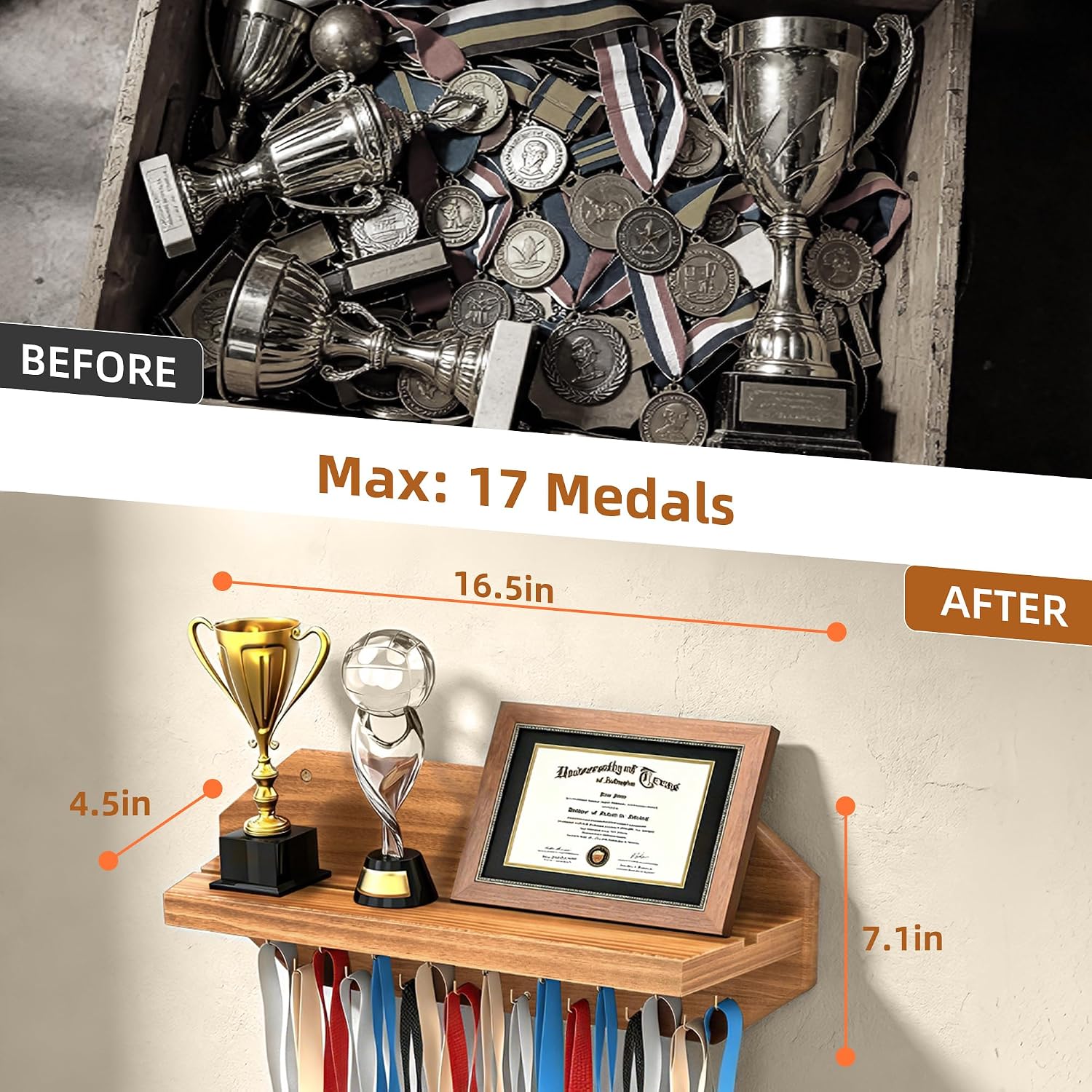 Medal Hanger Display - Wooden Trophy and Medal Display Shelf | Natural Solid Wood, Thickened Board, Anti-Slip Groove
