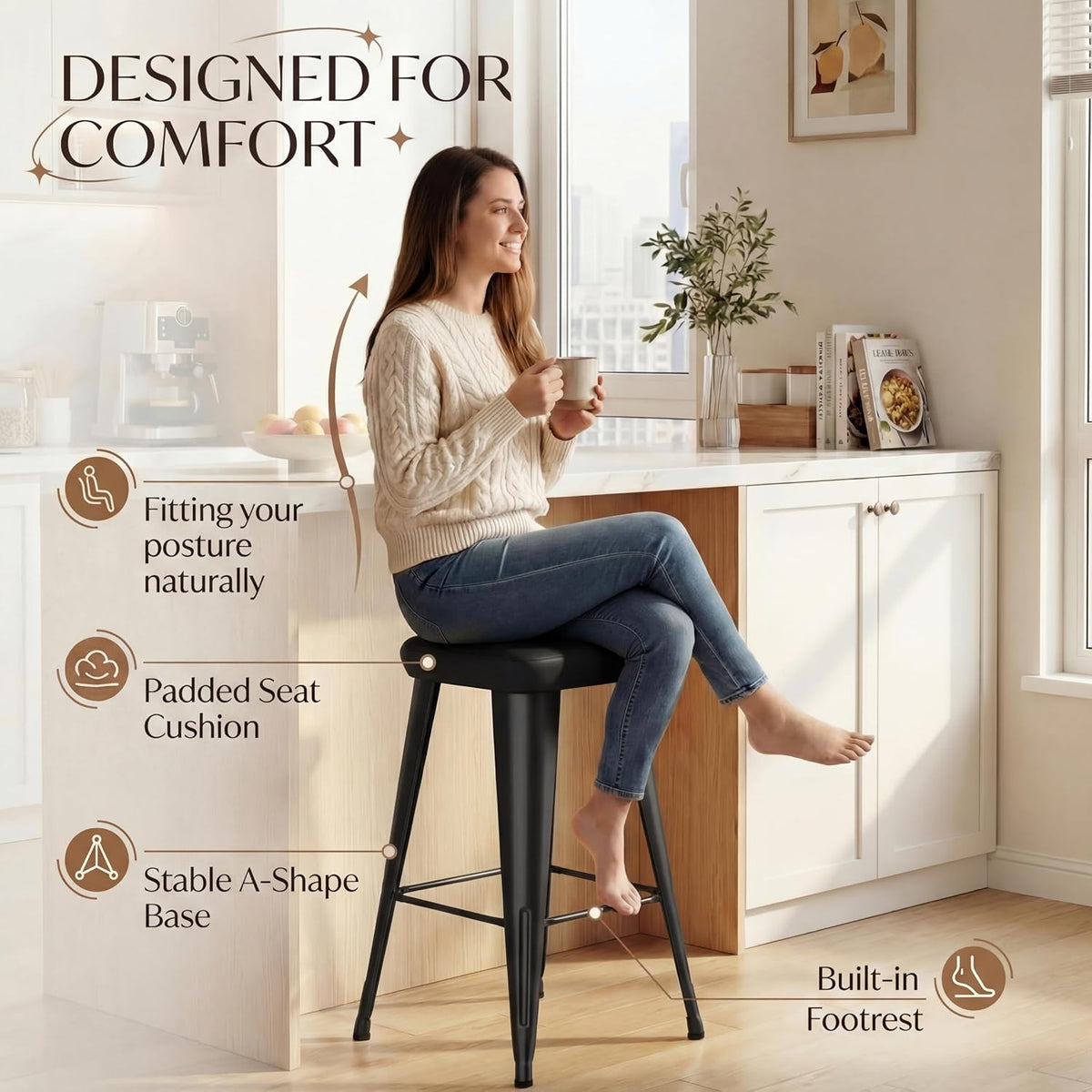 Backless Bar Stools Set of 4, 30" Black PU Leather Barstools