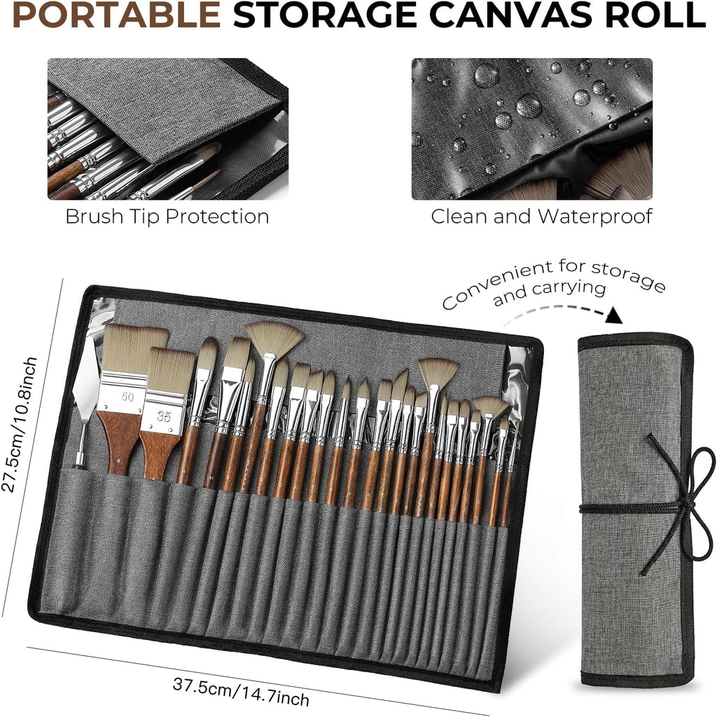 25pcs Paint Brush Set, Professional 9 Shapes with Wide Flat, Filbert, Fan, Dagger, Cat Tongue, Round, Angle, Rigger