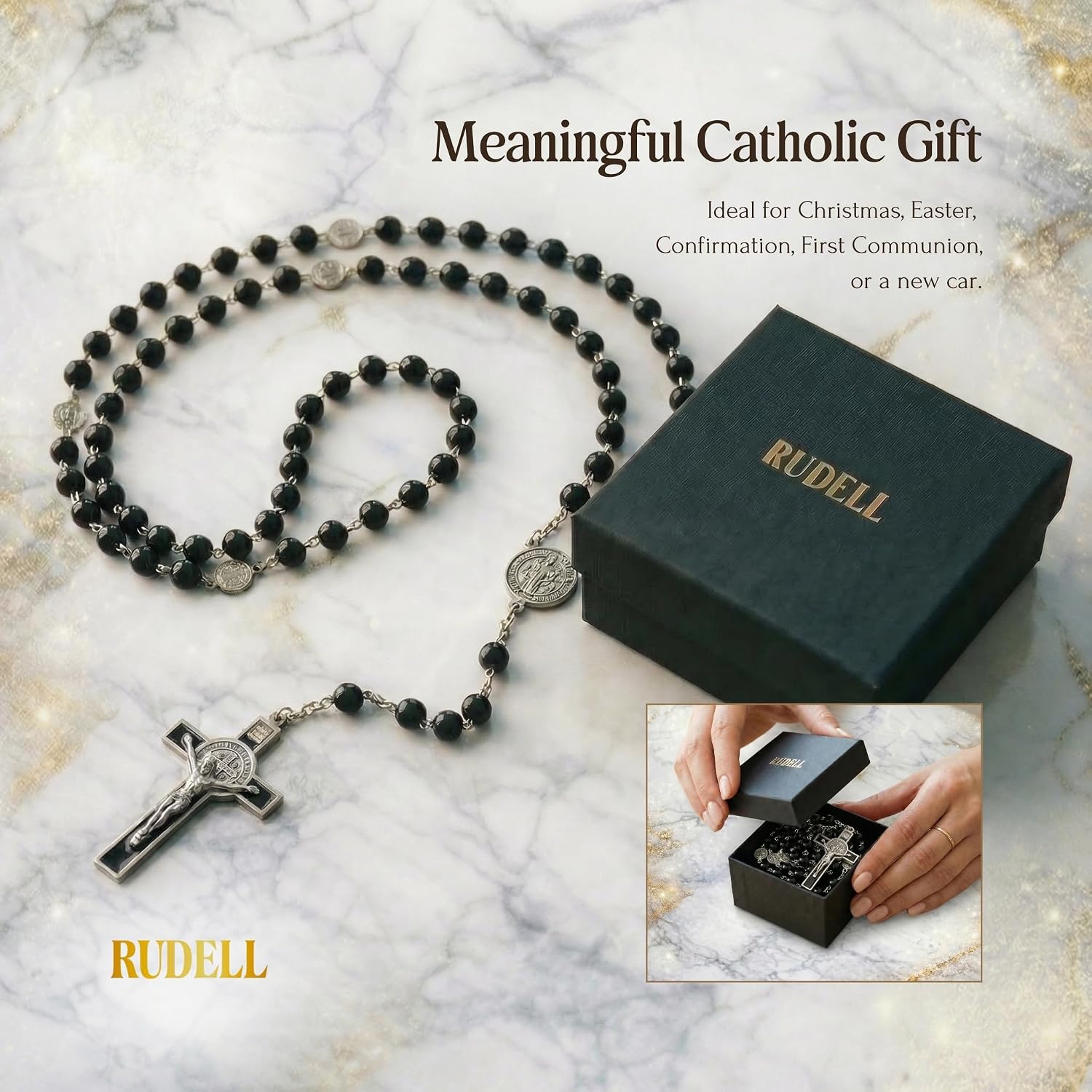 Rosary Beads Catholic for Women - Rosary Necklace for Women with Pearl Beads - Medal Cross Saint Benedict Rosary for