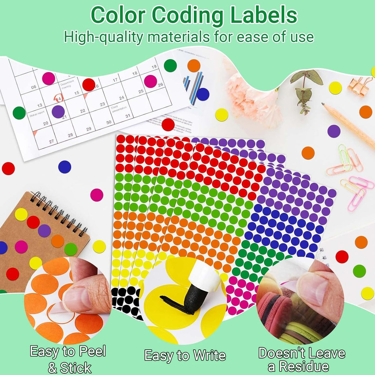 1/2 Inch Colored Dot Stickers, 4800 PCS Round Sticker Labels, Writable Small Circle Stickers with Strong Adhesion &