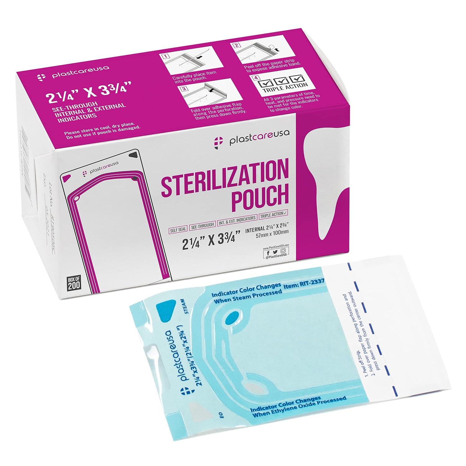 200 2.25 x 2.75 Inch Self Sealing Sterilization Autoclave Pouch Bags with Indicators, 1 Box of 200