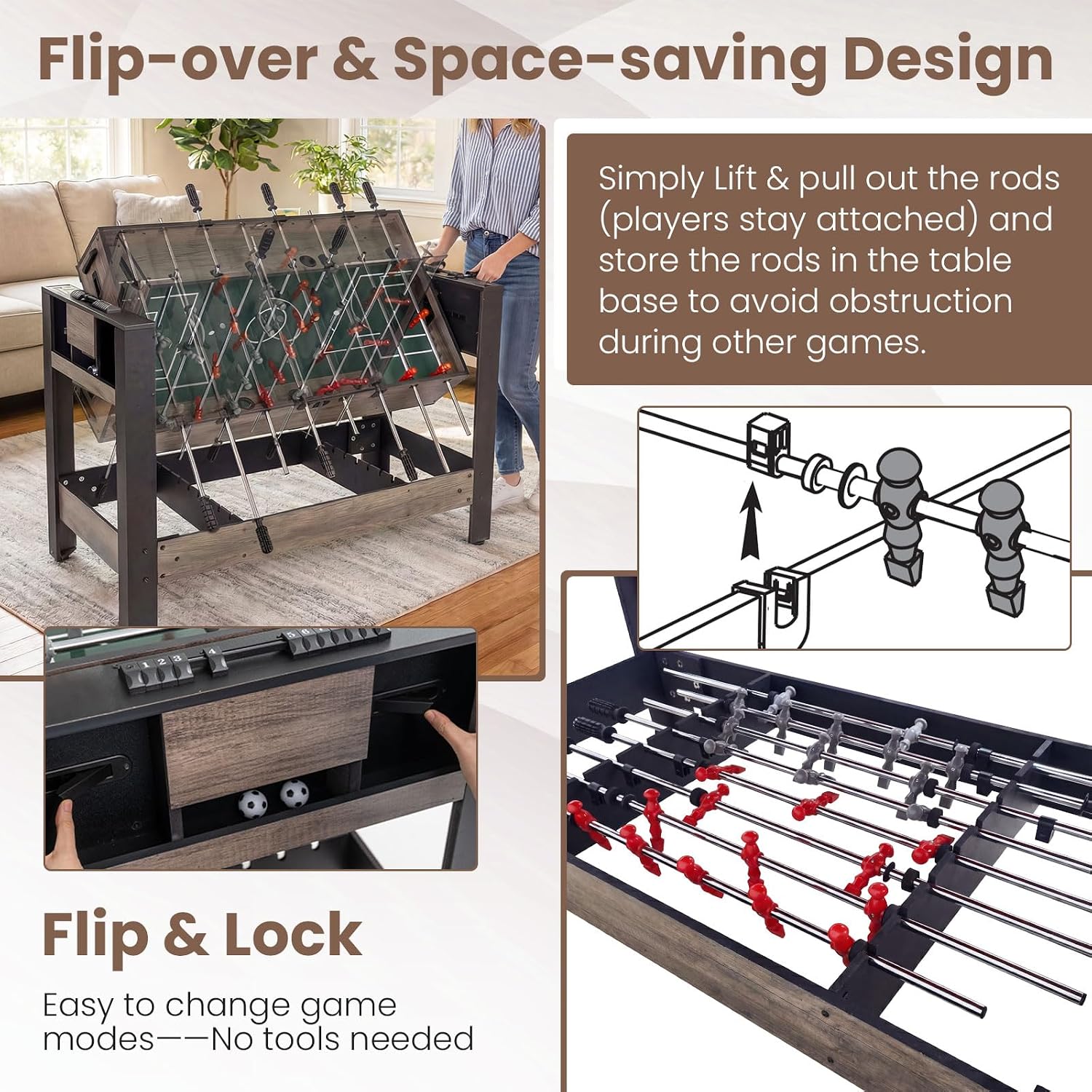3 in 1 Multi Game Table, Swivel Combo Game Table with Foosball, Billiards & Table Tennis, Rod Storage Rack