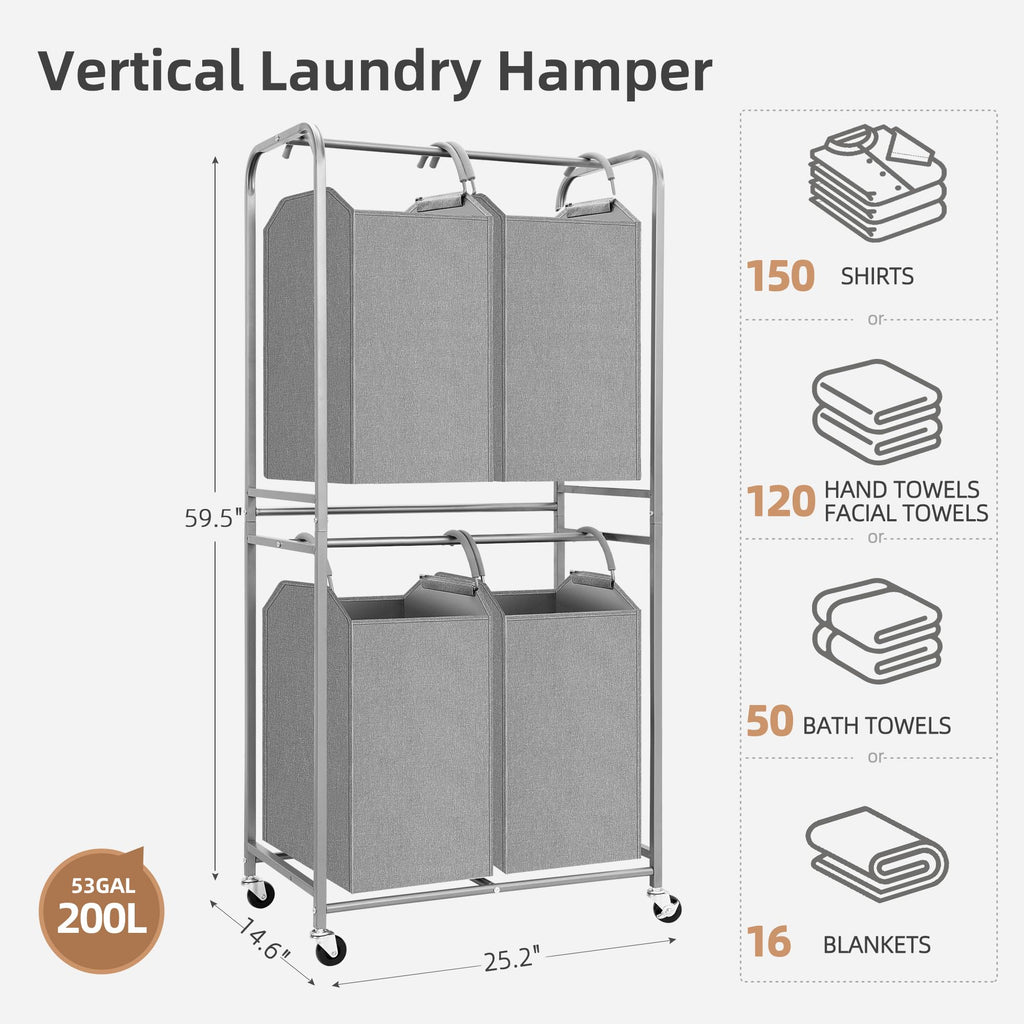 Vertical Laundry Hamper with Removable Tote Bags, Gray