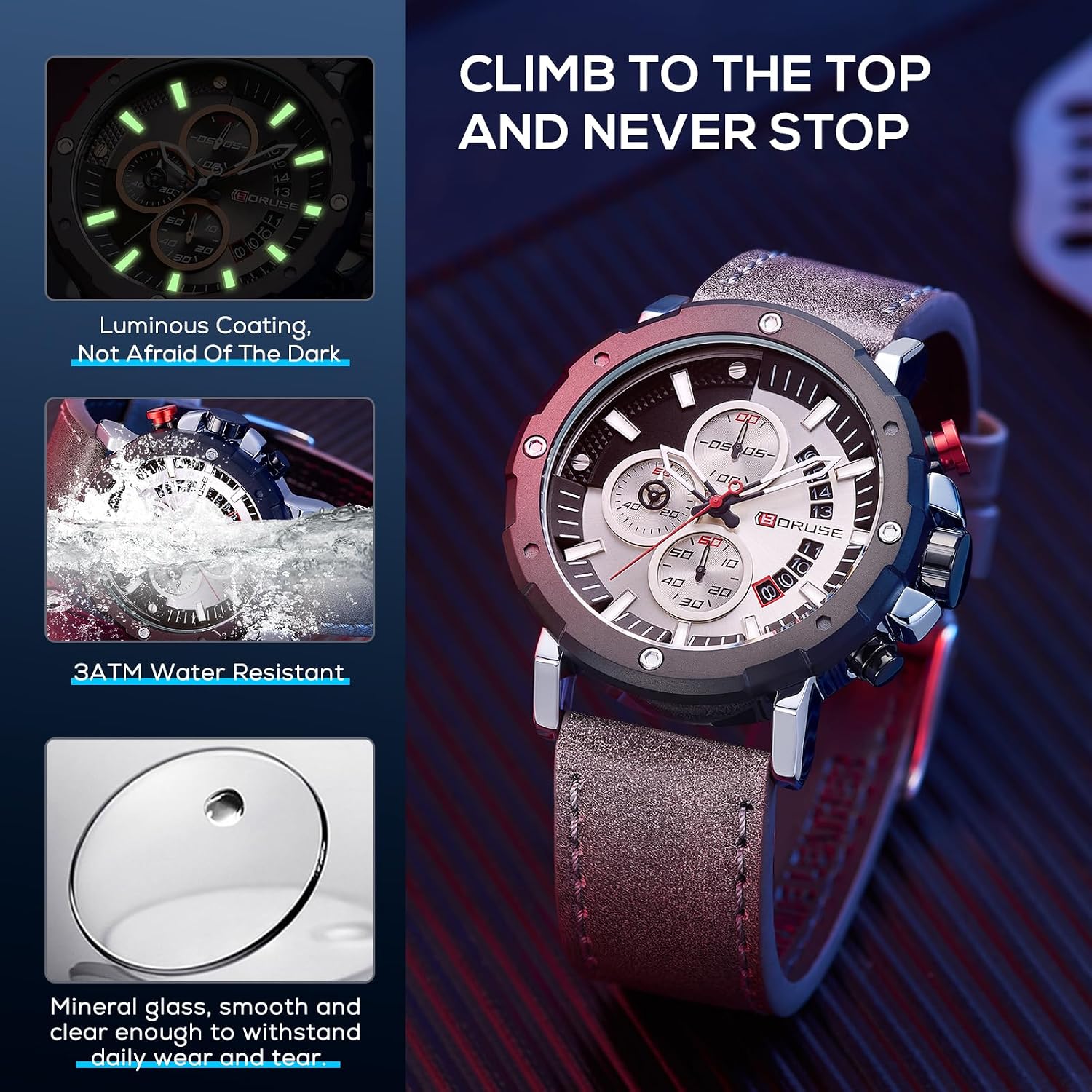 Mens Watches Luxury Chronograph Classic Waterproof Watch Large Face Analog Luminous Fashion Leather Analog Quartz