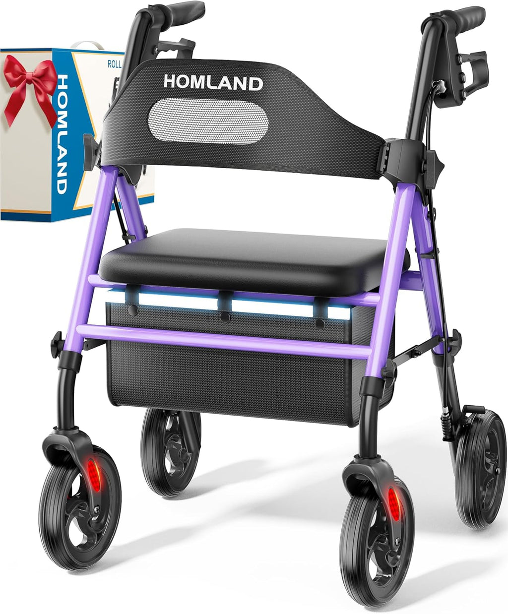 Foldable Rollator Walkers with Seat for Seniors, 8'' Big Wheels, 350 lb. Weight Capacity, Adjustable Handles and Seat