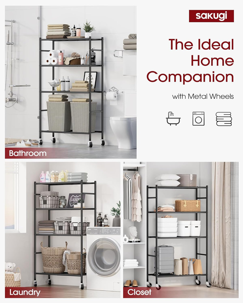 Storage Shelves Organizer - 4 Tier Metal Shelf Organizer with Metal Wheels and Adjustable Leveling Feet, Heavy Duty