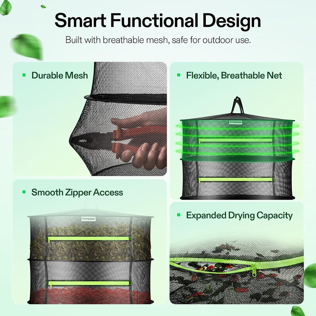 2-Layer Mesh Drying Rack Hanging Design with Green Zippers for Dehydrating, Indoor and Outdoor Pruning Shears Included