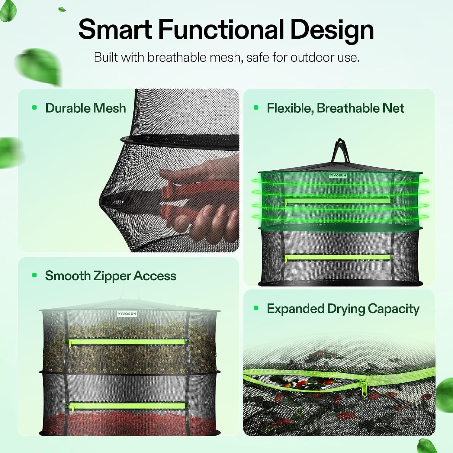 2-Layer Mesh Drying Rack Hanging Design with Green Zippers for Dehydrating, Indoor and Outdoor Pruning Shears Included