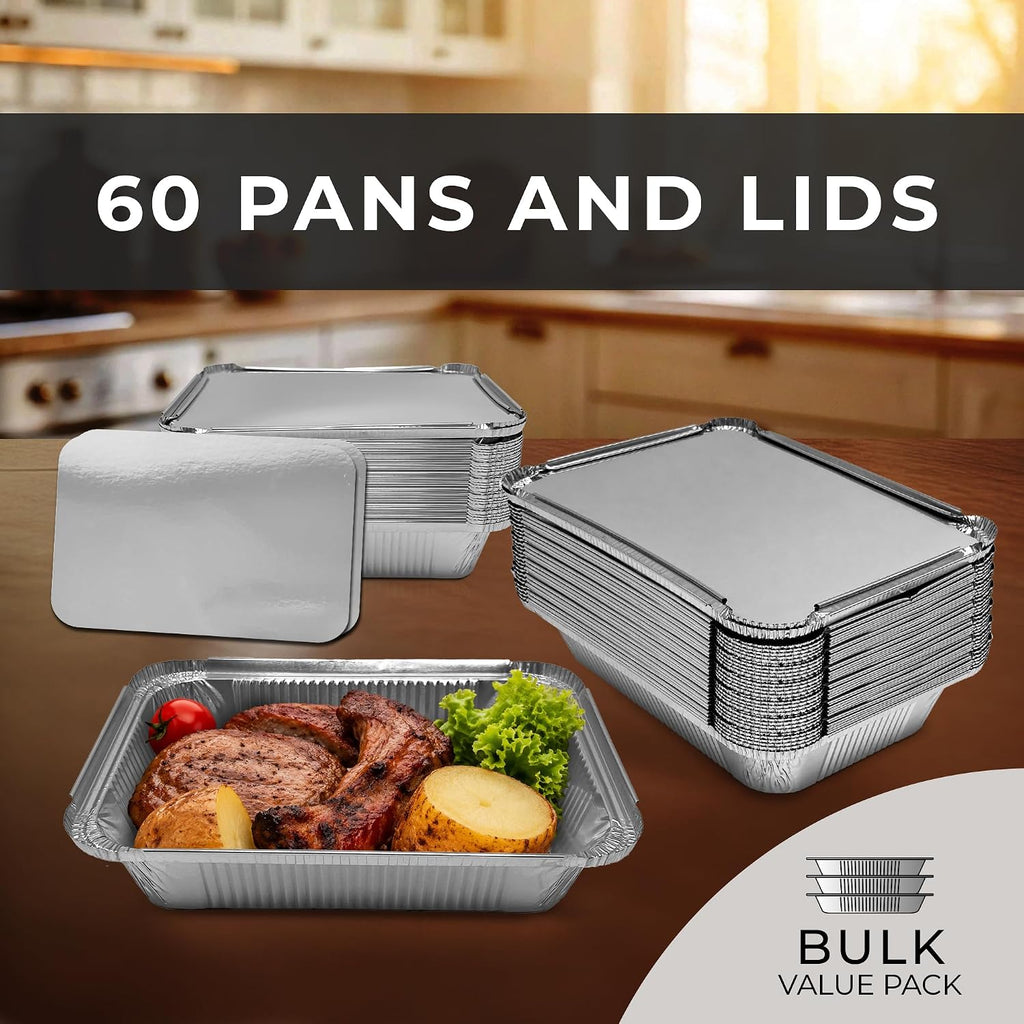 Aluminum Foil Pans with Lids 8x6 (60 Pack) Meal Prep Food Containers