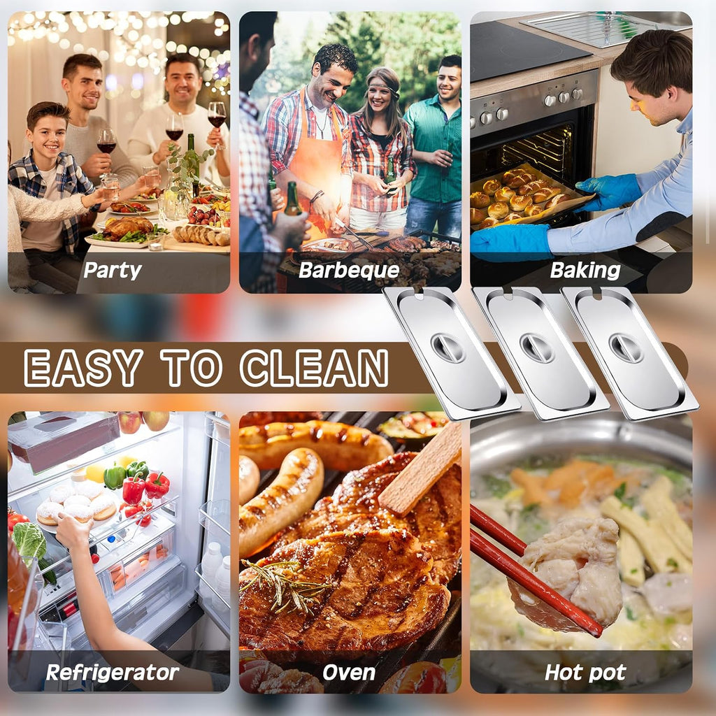 6 Pack 1/3 Steam Table Pan Covers Stainless Steel Hotel Pan Lid with Handle Catering Food Pan Cover Slotted Notched