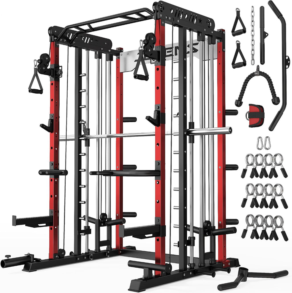 Smith Machine for Home Gym, Multi-Function M12 Power Cage with Cable Crossover System, Squat Rack with Smith Bar and