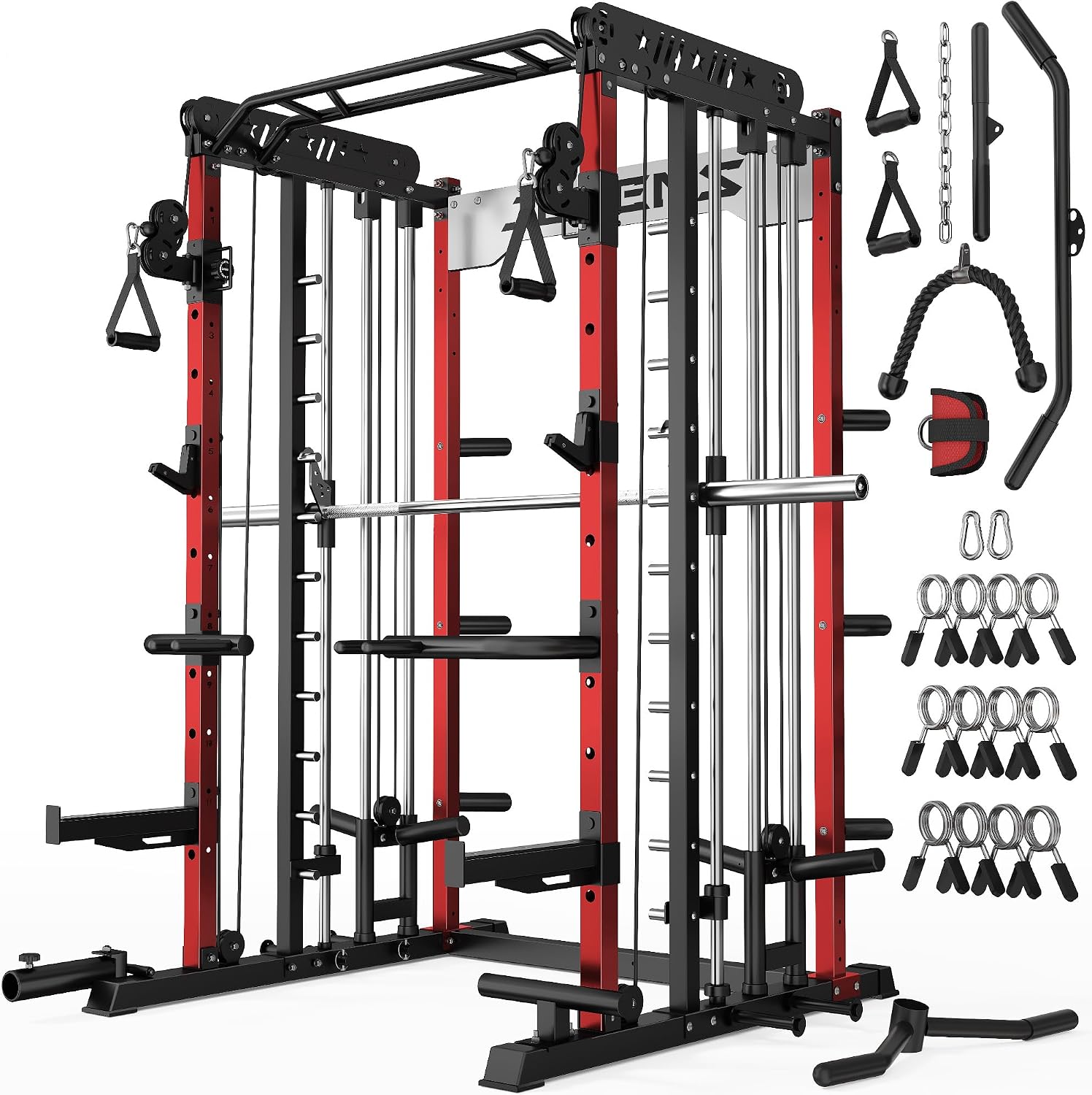 Smith Machine for Home Gym, Multi-Function M12 Power Cage with Cable Crossover System, Squat Rack with Smith Bar and