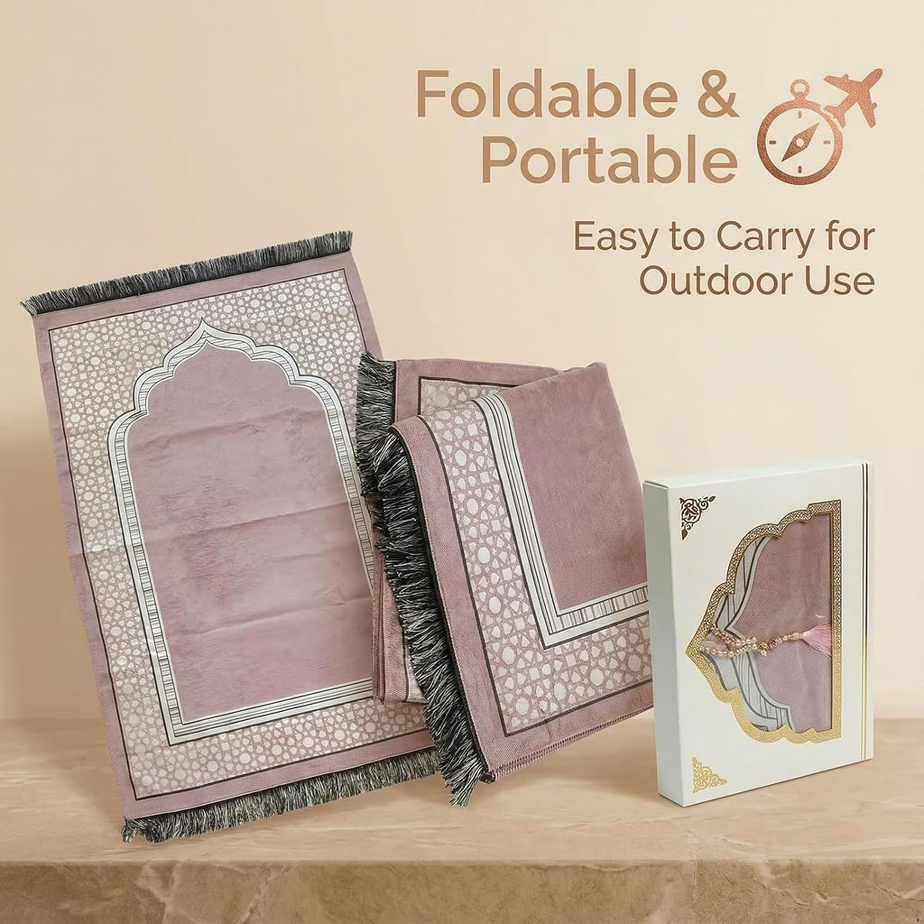 Ramadan & Eid Gift Set - Islamic Prayer Rug with Tasbih Beads, Premium Prayer Mat in Gift Bag or Box, Ideal for