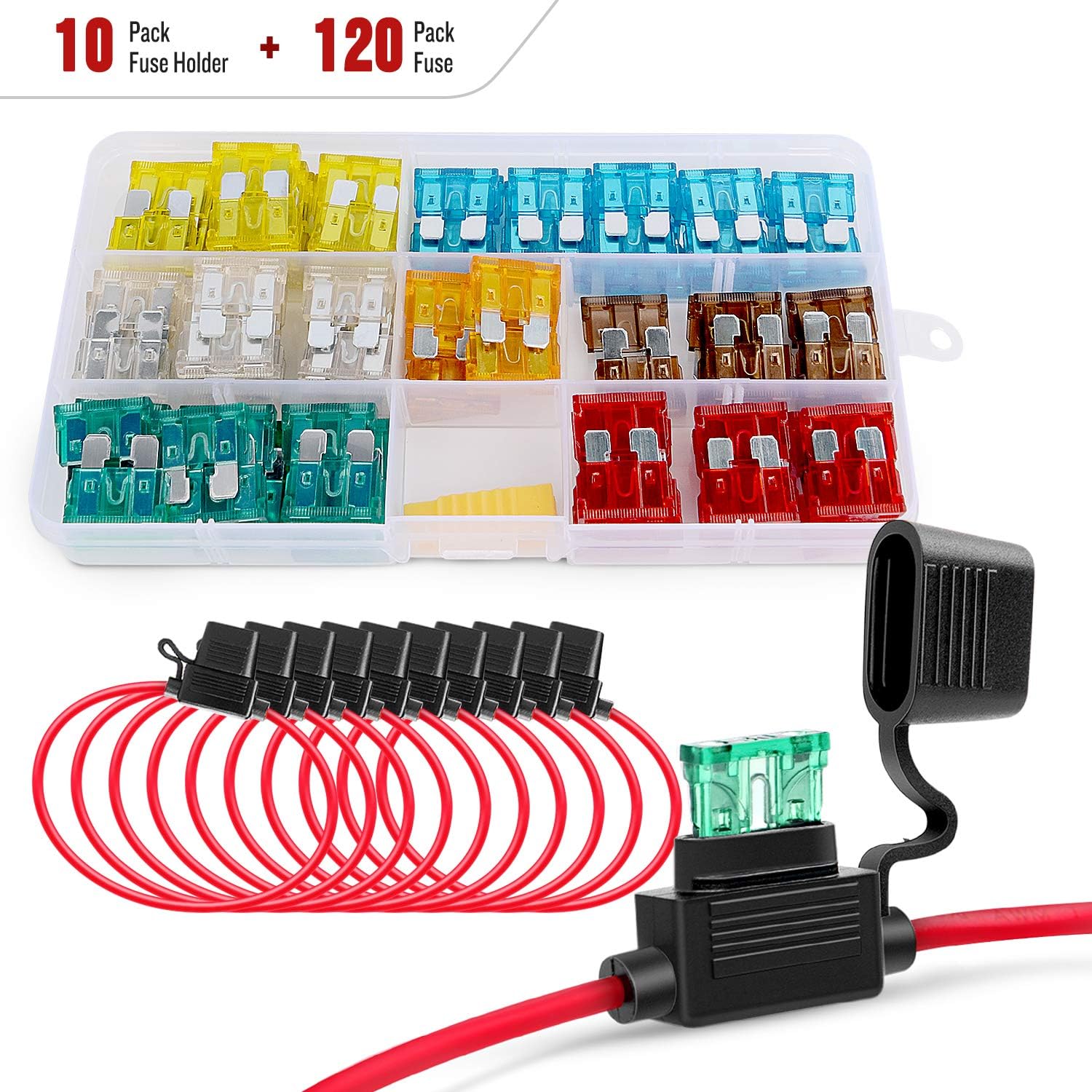 50029R 120 Pcs Standard Blade Fuse 5A/7.5A/10A/15A/20A/25A/30A AMP Assorted Set with 10 Pack 14AWG ATC/ATO Inline