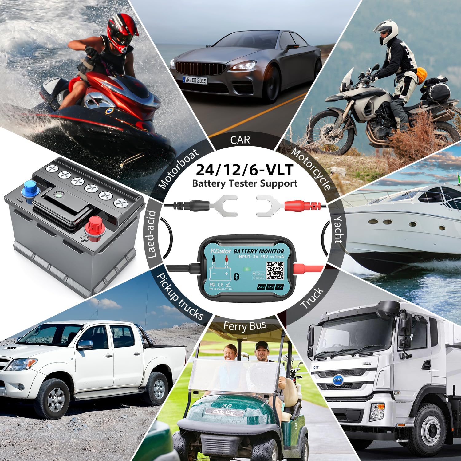 24V 12V 6V Bluetooth Battery Monitor BM7–Work for All Lead-Acid & Lithium Battery with Charging, Cranking System Test