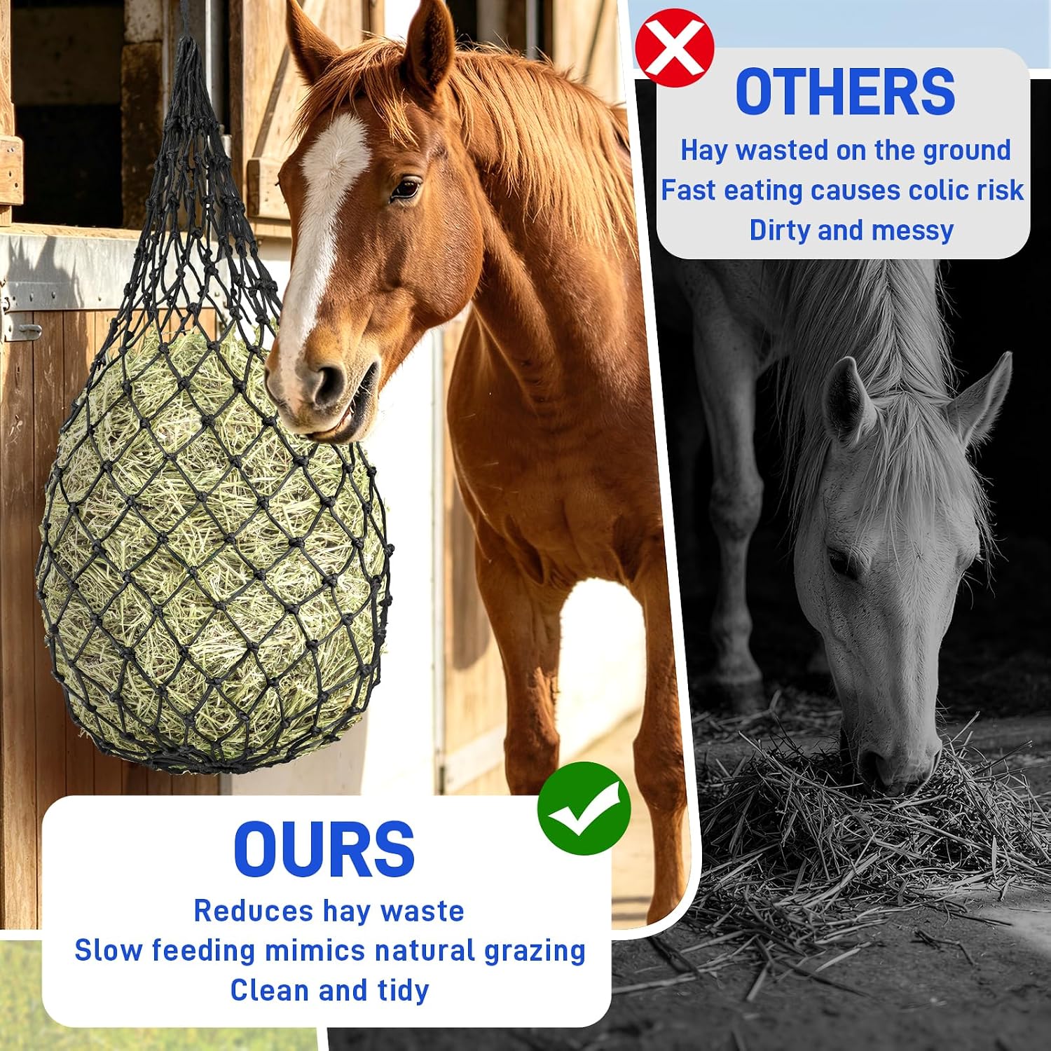 3 Pack Hay Nets for Horses, Slow Feed Hay Bags for Horses Goats with 2.3 Inch Holes, Hanging Hay Feeder for Stable