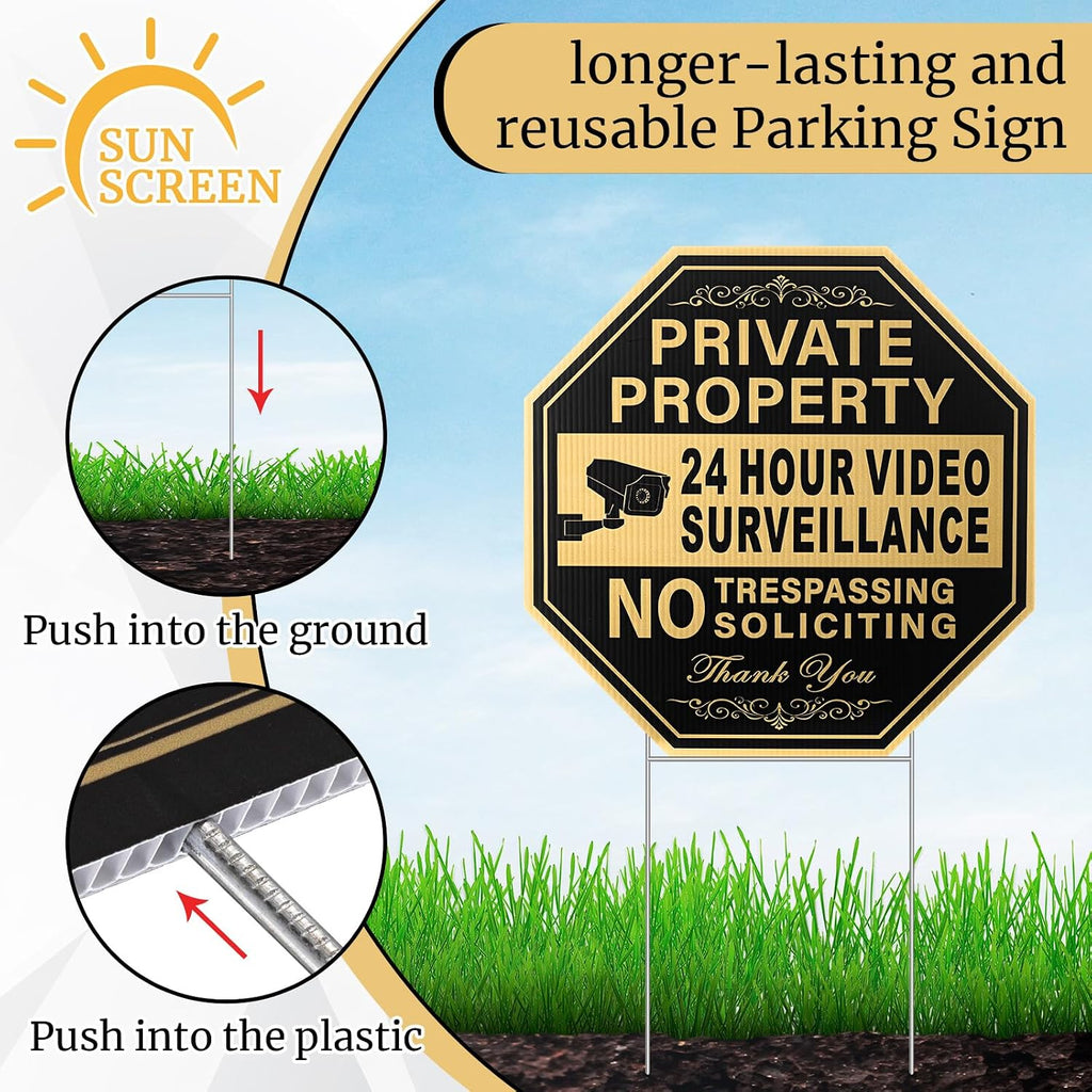 4 Pcs Private Property No Trespassing No Soliciting Yard Sign 12 x 12 Inches 24 Hours Video Surveillance Sign with