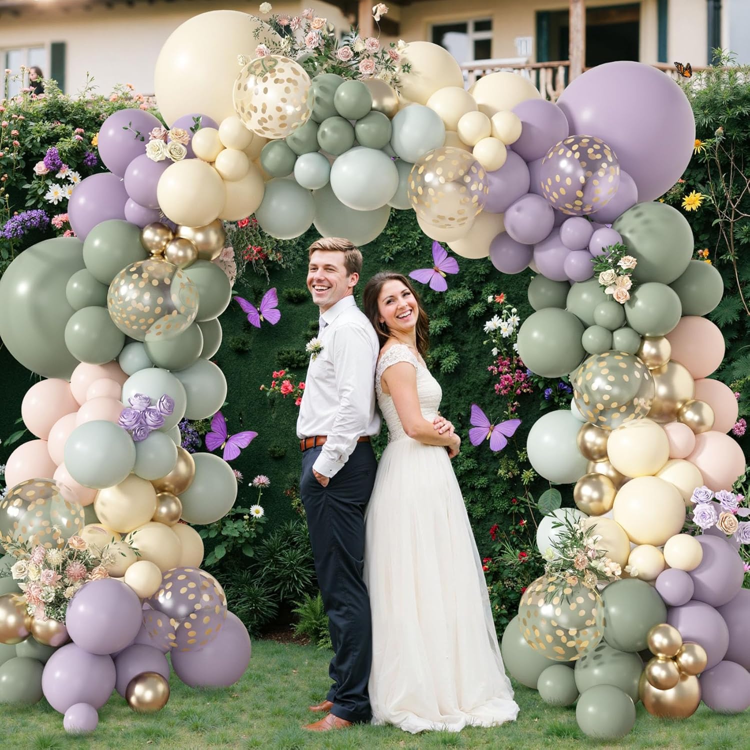 173Pcs Dusty Green Purple Pink Balloon Arch Garland Kit, Lavender Pastel Blush Pink Yellow Mist Green Gold Confetti