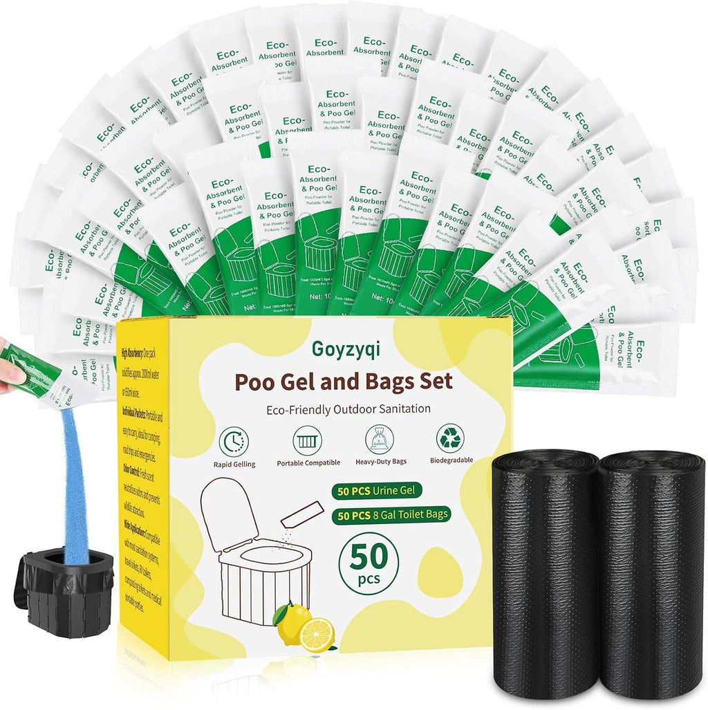 50 Poo Gel and 50 Portable Toilet Bags Set, 8 Gal Biodegradable Waste Bags | Lemon Scent Portable Camping Toilet Bag