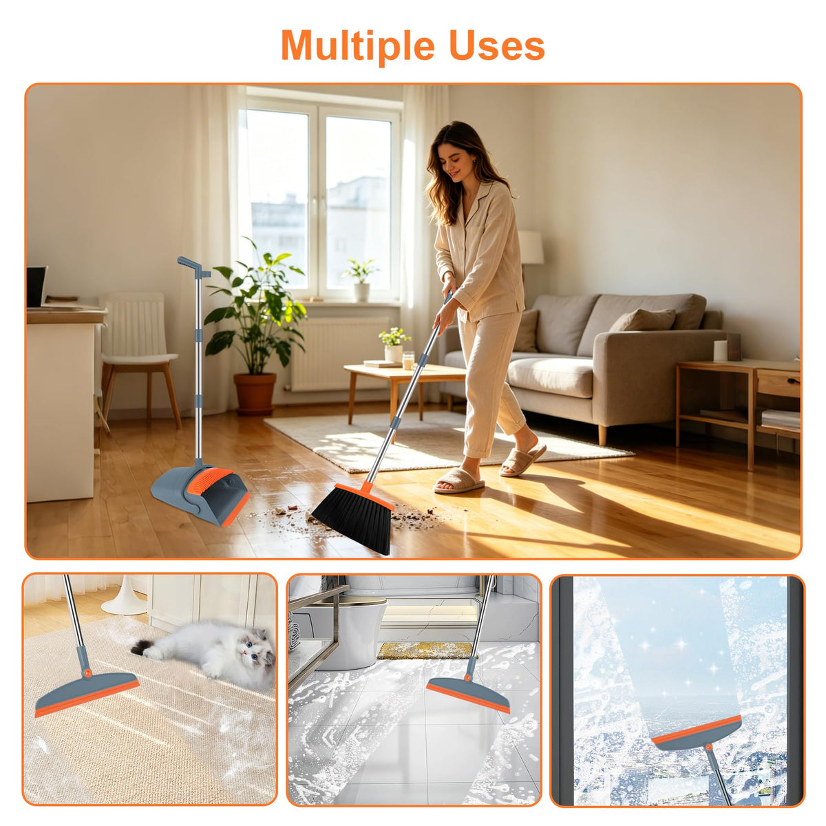 Broom and Dustpan Combo Set, 52" Long Handle with Squeegee & Mini Set