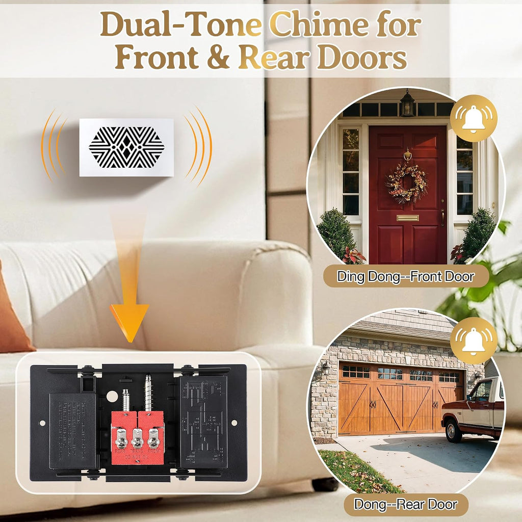 White Wooden Doorbell Chime Box Wired with 16V 10VA Wired Mechanical | Chime & Cover Set, Front/Rear Chime Tones