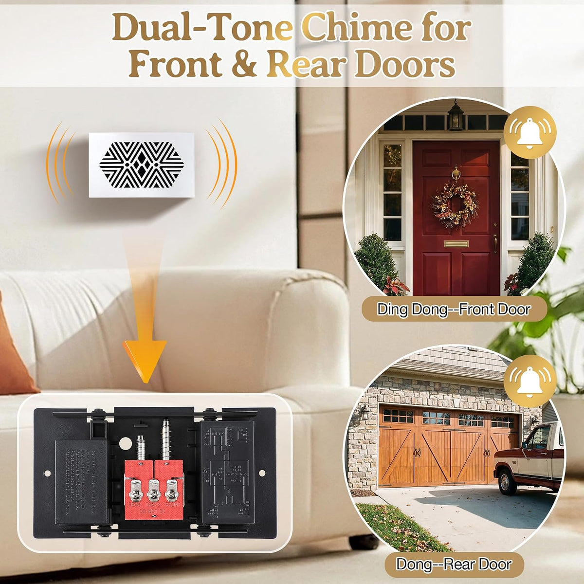 White Wooden Doorbell Chime Box Wired with 16V 10VA Wired Mechanical | Chime & Cover Set, Front/Rear Chime Tones