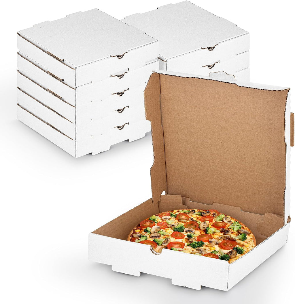 12” x 12” x 2” White Pizza Boxes (10 Pack) - Sturdy B-Flute Corrugated Cardboard Medium Pizza Box - Professional