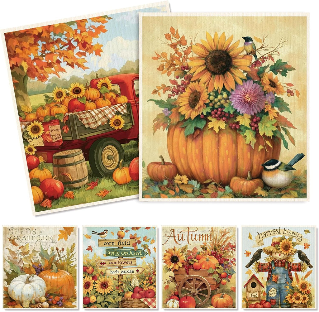 Fall Swedish Dishcloths, Pumpkin, Sunflower, 6 Pcs, 7 x 8 Inch