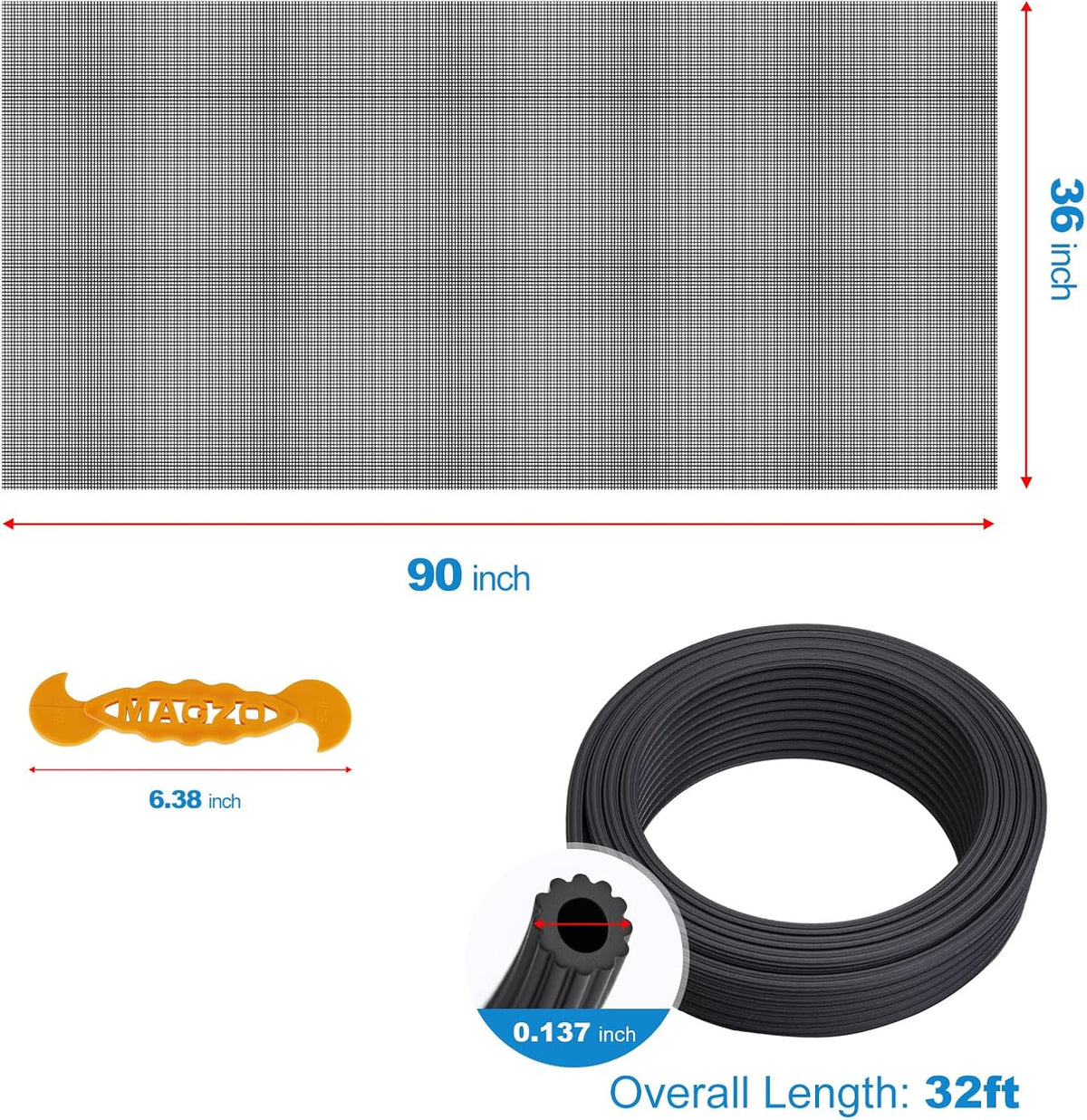 Window Screen Replacement Kit Durable 36" x 90" Polyester Mesh with Tool