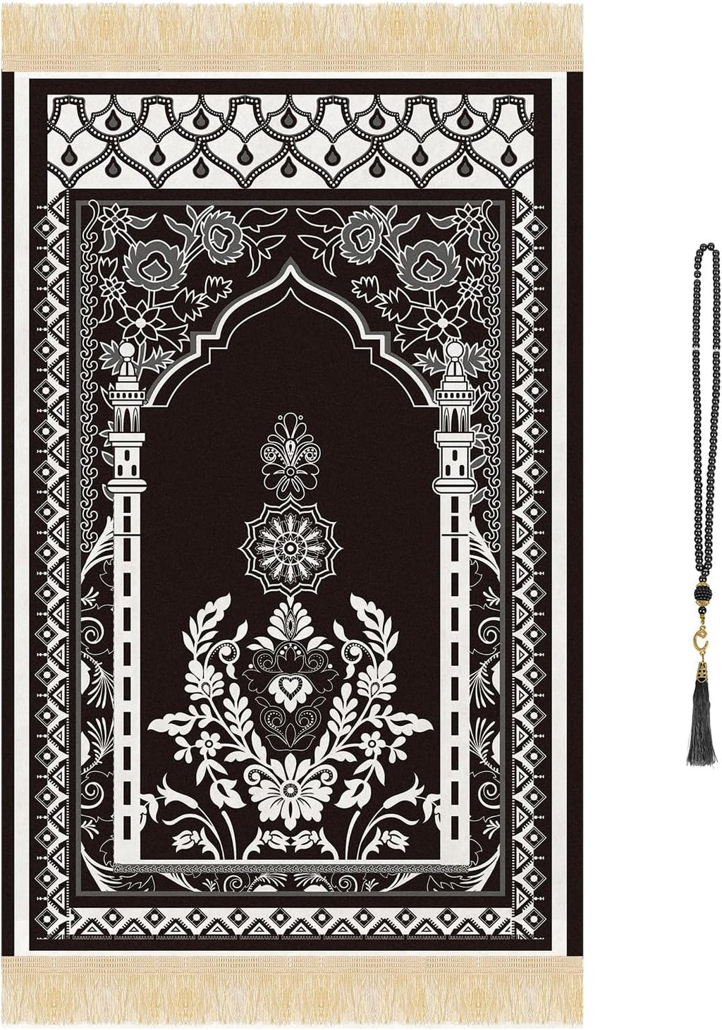 Prayer Mat Ramadan Gifts - Portable Black Prayer Rug Islamic Muslim Tasbih Beads, Praying Carpet for Islamic Man