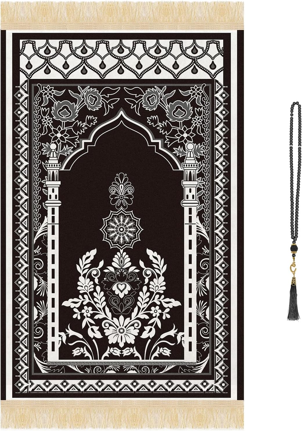 Prayer Mat Ramadan Gifts - Portable Black Prayer Rug Islamic Muslim Tasbih Beads, Praying Carpet for Islamic Man