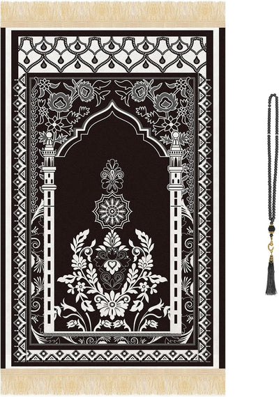 Prayer Mat Ramadan Gifts - Portable Black Prayer Rug Islamic Muslim Tasbih Beads, Praying Carpet for Islamic Man