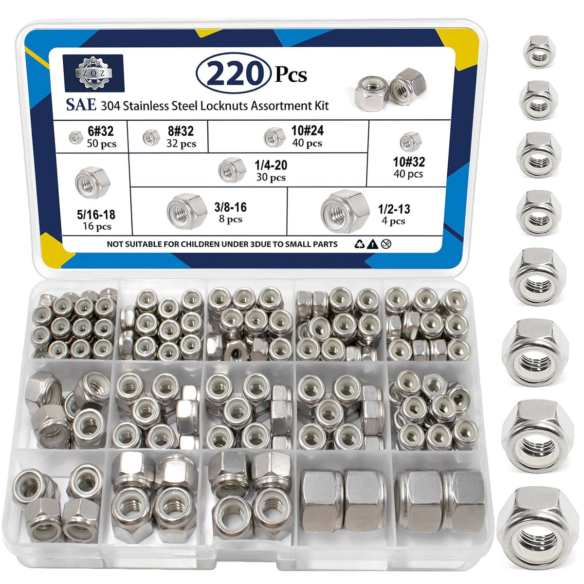 ZQZ 220Pcs SAE Stainless Nylon Lock Nuts Assortment Kit; #6-1/2 Locking Nut