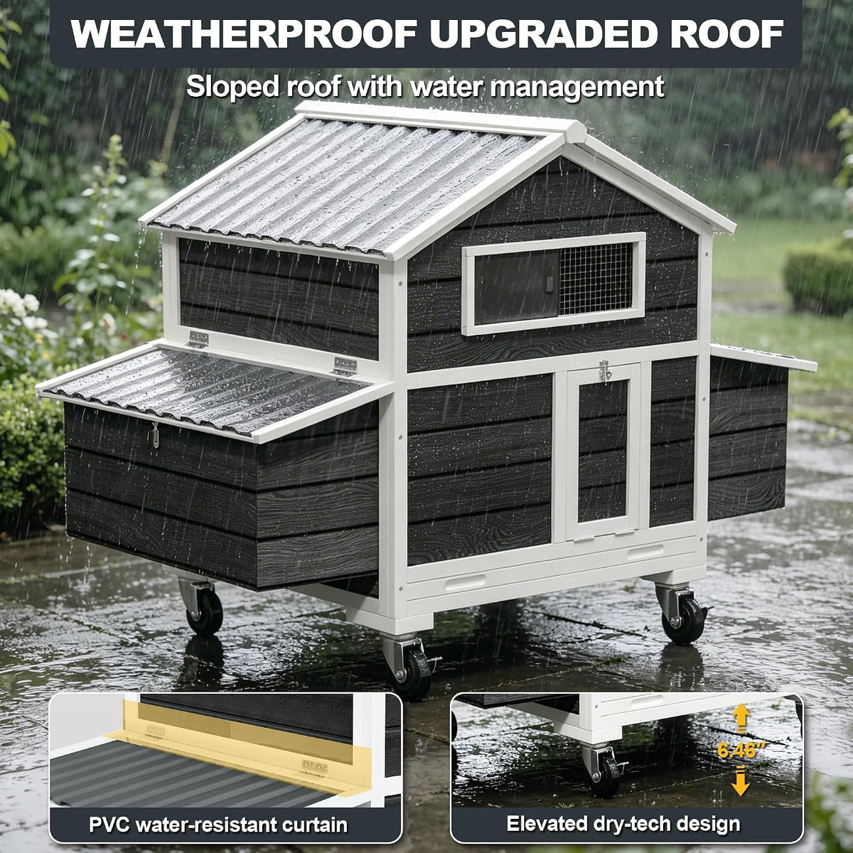 Large Chicken Coop with Wheels, Waterproof Outdoor Hen House for 6-8 Chickens, Movable Chicken House with Nesting