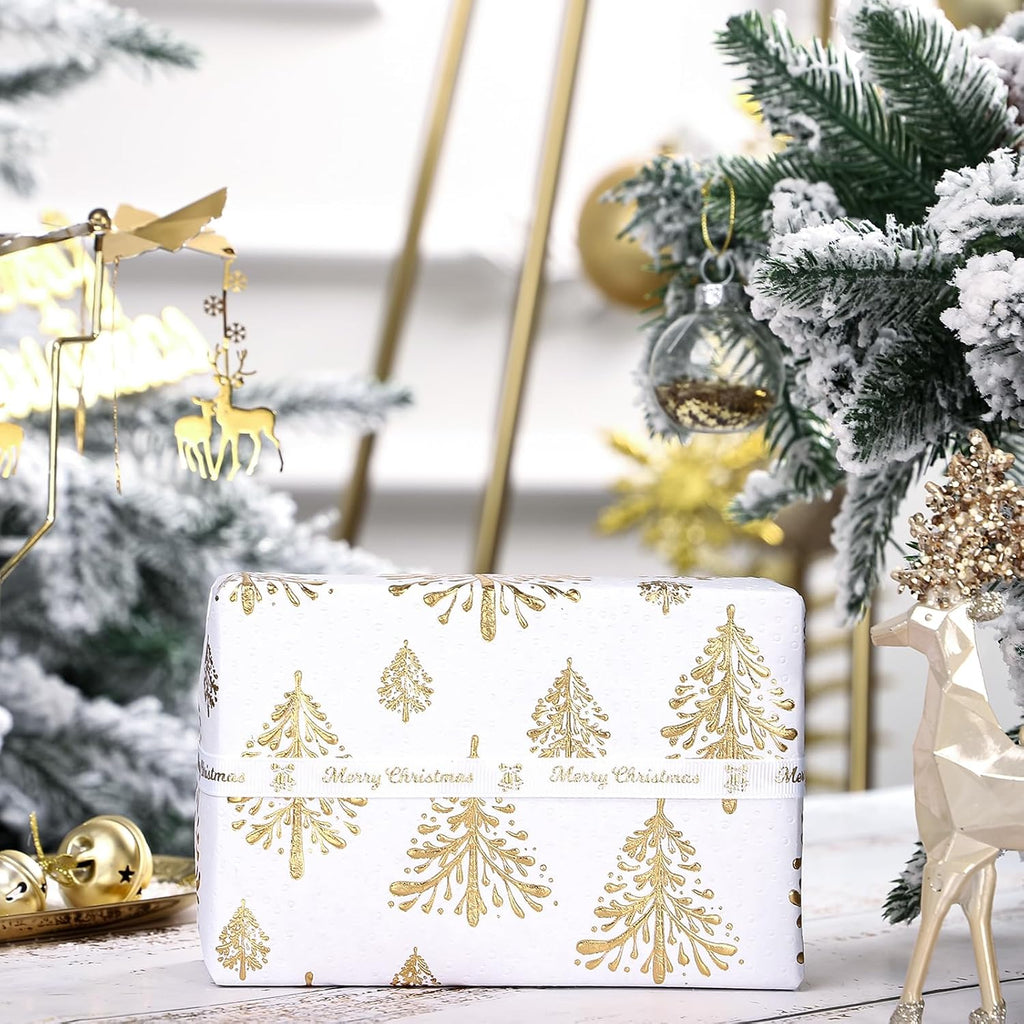 3D Kraft Christmas Wrapping Paper Roll - Mini Roll - 17 Inch x 16.5 Feet - Gold and White Christmas Tree Wrapping