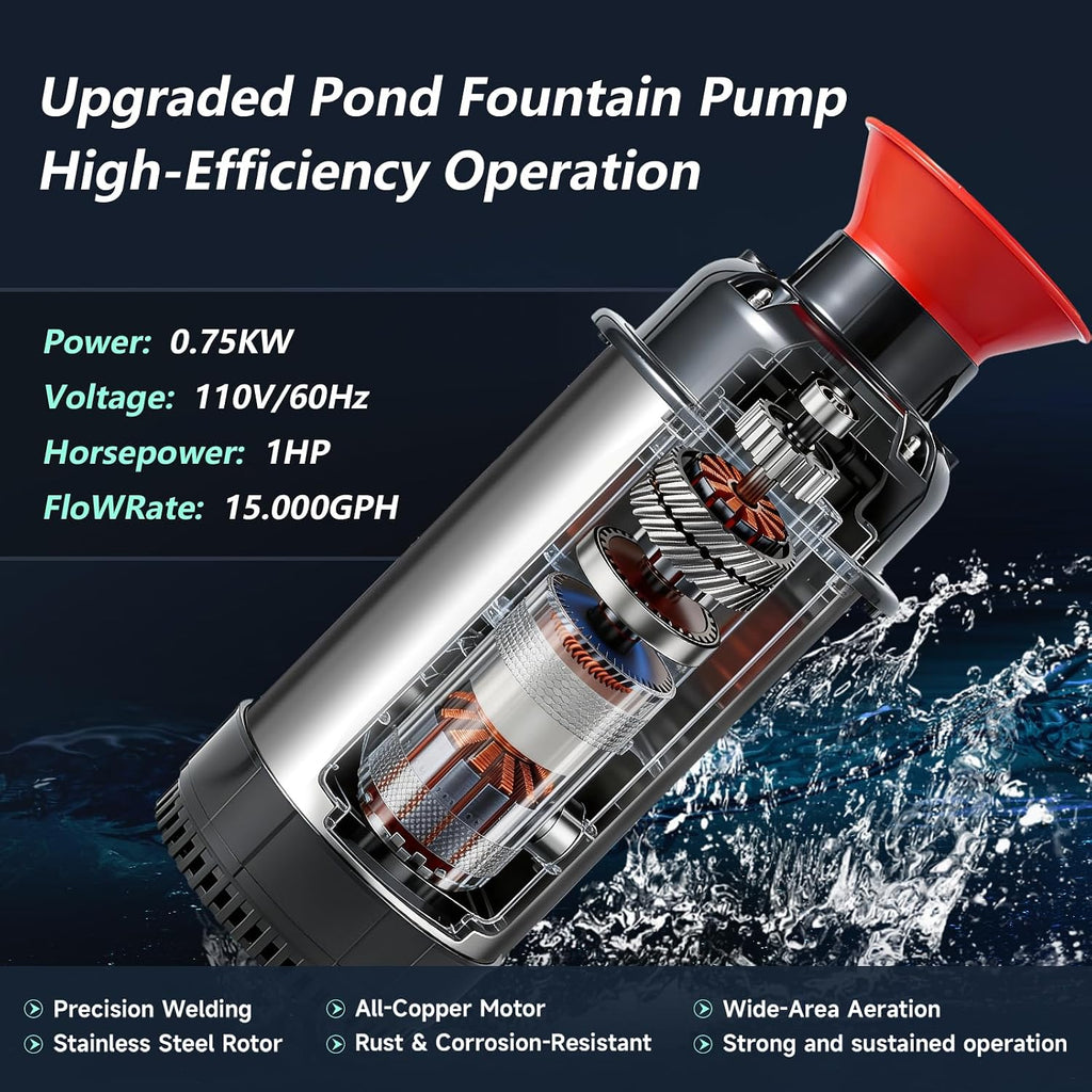 Pond Fountain Aerator, 1HP 110V 15000GPH Floating Fountain Pump for Ponds